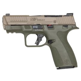 Smith & Wesson M&P Shield X Series 9mm OD Green / FDE Pistol With Thumb Safety, Ameriglo Trooper Front Night Sight. 1-13 & 1-15 Round Magazine 14264
